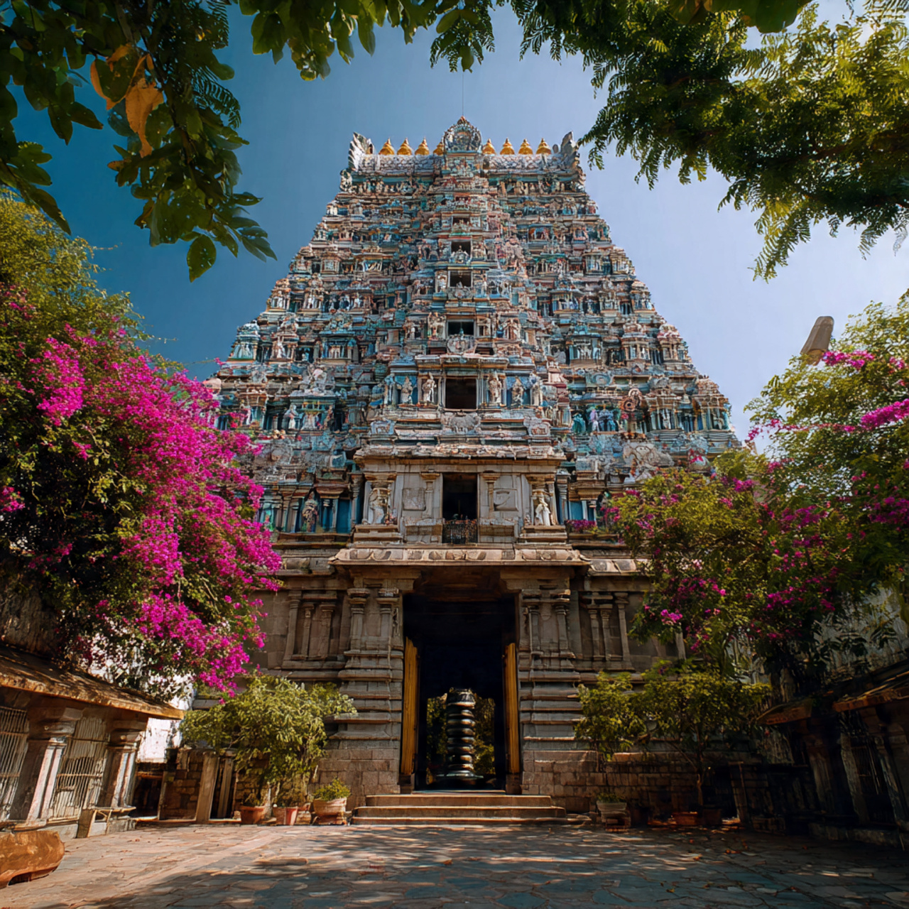 The towering gopurams and sacred pond of Thillai Nataraja Temple